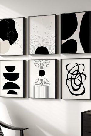 Bohemian Black and White Six-Panel Minimalist Geometric Wall Painting